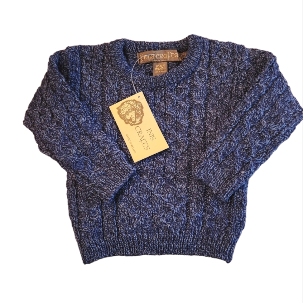 NEW Inis Crafts Irish Wool Cable Knit Unisex Crew Neck Sweater Blue